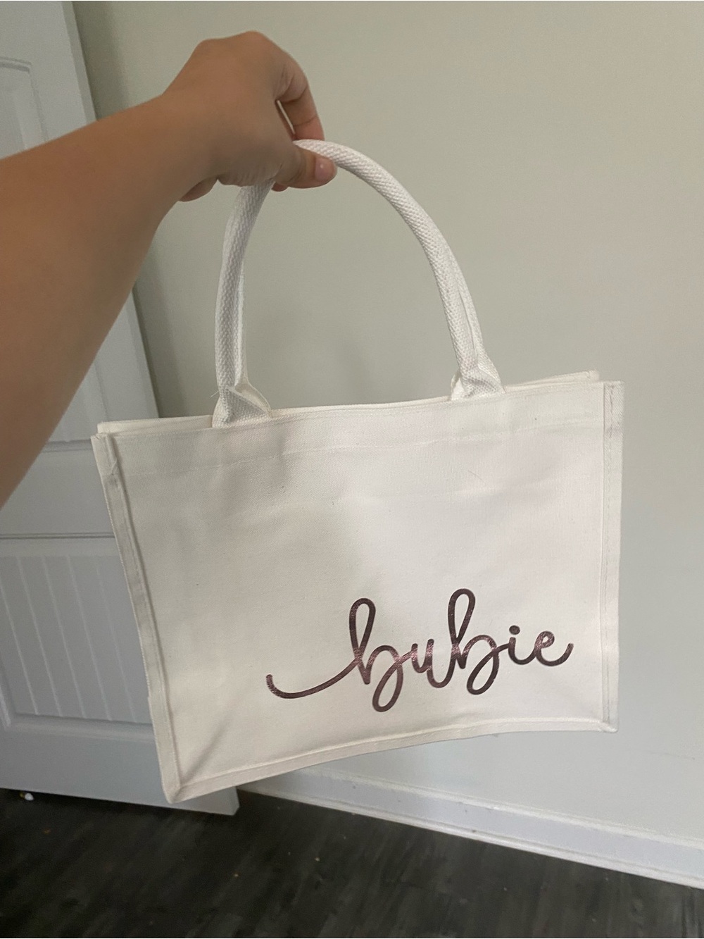 White 'bubie' Script Canvas Tote Bag